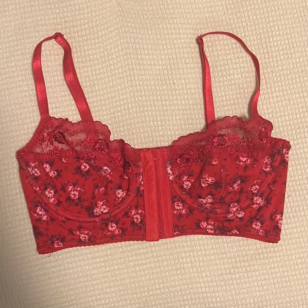 Intimately Free People Red Floral Lace Bra
